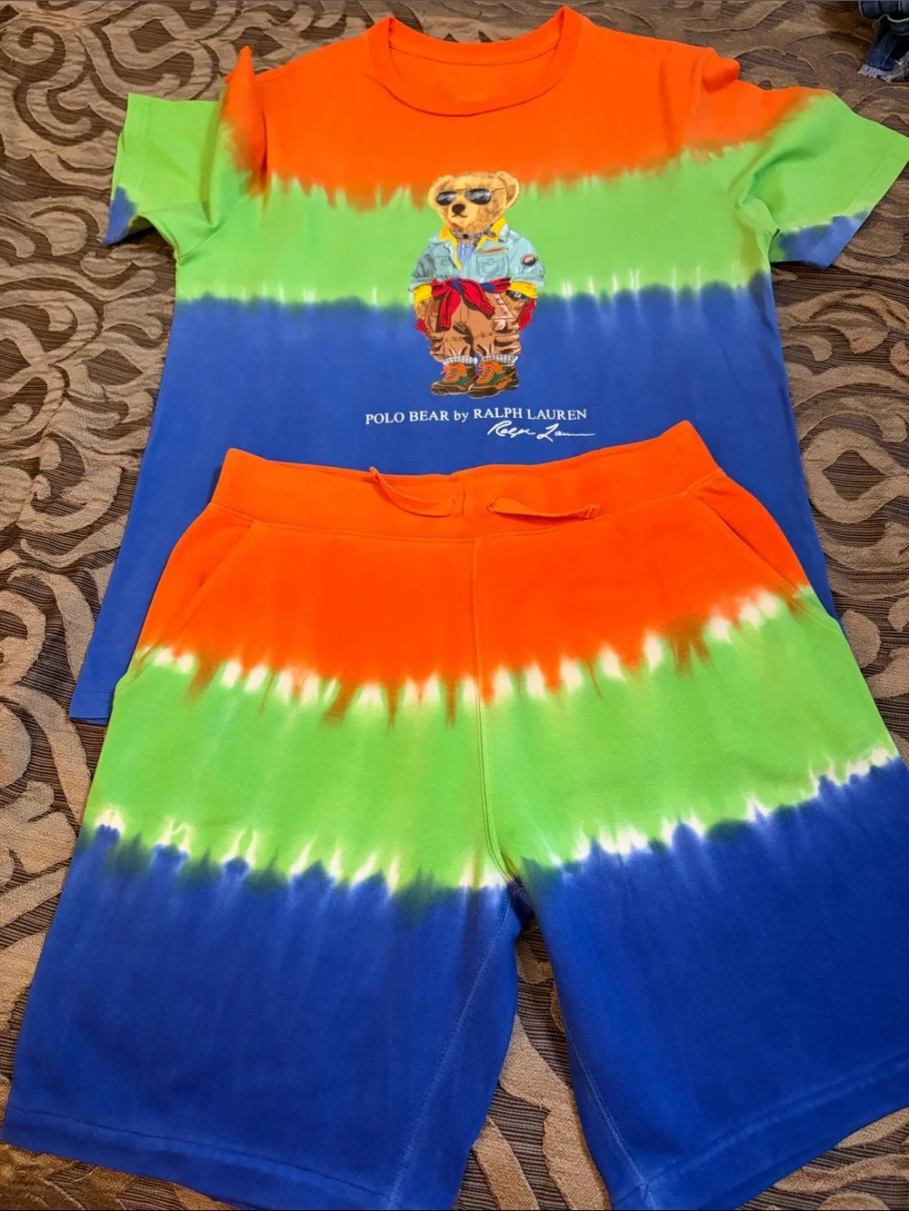 Ralph Lauren Tie-Dye Polo Bear Tee & Shorts set - Orange, Green, Blue